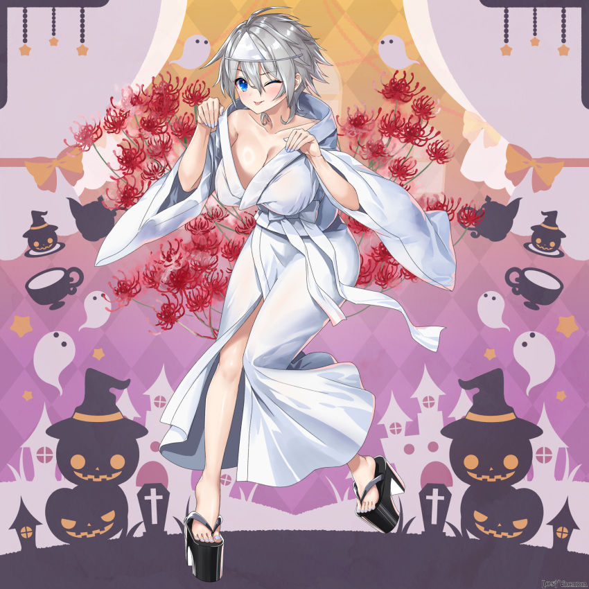 blue_eyes blue_nails breasts flower full_body ghost ghost_pose grey_hair halloween highres jack-o'-lantern japanese_clothes kimono large_breasts long_sleeves no_bra original platform_footwear red_flower short_hair triangular_headpiece tyone white_kimono wide_sleeves