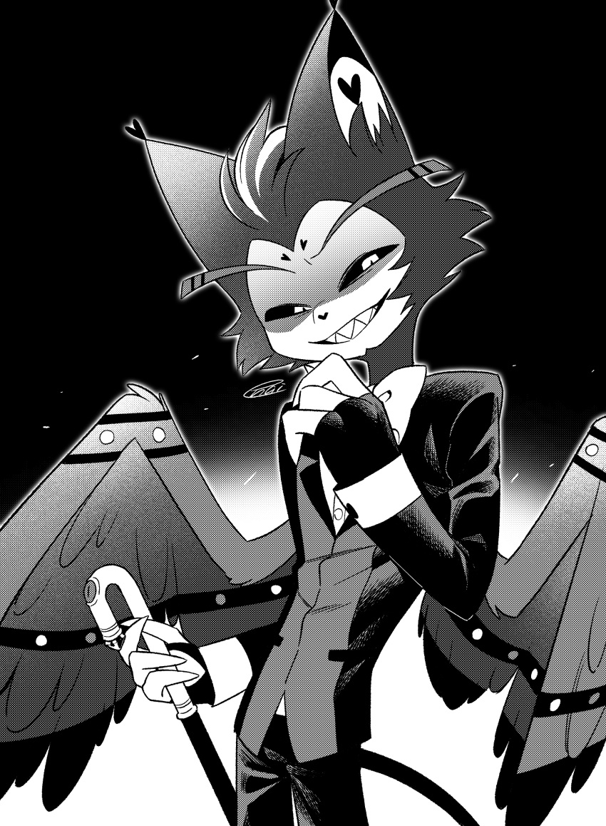 absurd_res anthro cane clothed clothing demon domestic_cat enaic31 feathered_wings feathers felid feline felis hazbin_hotel hi_res husk_(hazbin_hotel) male mammal monochrome smile smirk solo wings