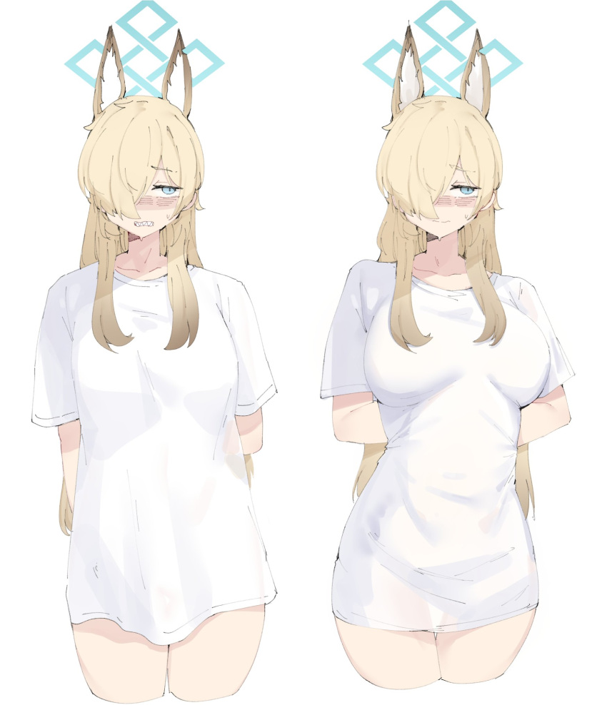 animal_ear_fluff animal_ears arms_behind_back bare_legs blonde_hair blue_archive blue_eyes breasts closed_mouth embarrassed female gurenola hair_over_one_eye highres kanna_(blue_archive) large_breasts long_hair loose_clothes loose_shirt sharp_teeth shirt short_sleeves smile sweatdrop teeth tight_clothes tight_shirt white_shirt