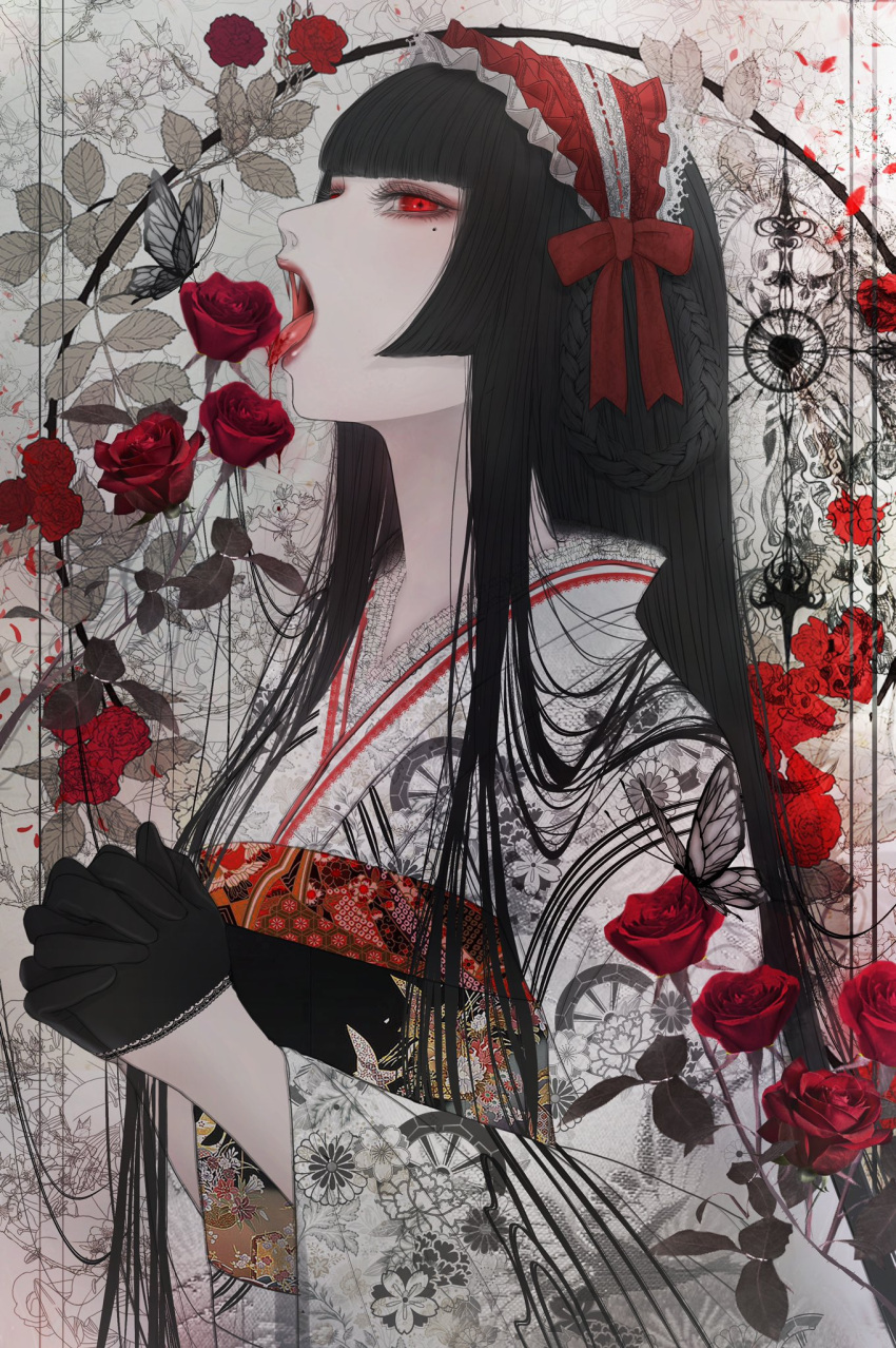 black_butterfly black_gloves black_hair blood blunt_bangs bonnet braid bug butterfly commentary eyelashes fangs female floral_print flower frills genjiguruma gloves gothic_lolita hair_rings half_gloves highres hime_cut interlocked_fingers japanese_clothes kikkoumon kikumon kimono lace lace-trimmed_gloves lace_trim licking lolita_fashion long_hair long_sleeves mole mole_under_eye obi open_mouth original own_hands_together pale_skin petals photo_inset plant red_eyes red_flower red_lips red_ribbon red_rose ribbon rose sash satsuki_kei sidelocks solo straight_hair symbol-only_commentary tongue tongue_out unmoving_pattern upper_body vampire vines wide_sleeves