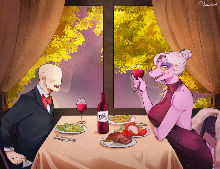 age_difference anthro beef bow_tie breasts ceratosaurid ceratosaurus clothed clothing container cup date dinosaur dress drinking_glass duo elderly elderly_female eyeless eyewear female food fully_clothed glass glass_container glass_cup glasses goodbye_volcano_high hair hair_bun hi_res human jazzelart male mammal mature_female meat mrs._roberts_(gvh) older_female pink_body pink_scales plate prehistoric_species reptile restaurant salad scales scalie sitting steak suit theropod white_hair wine_glass