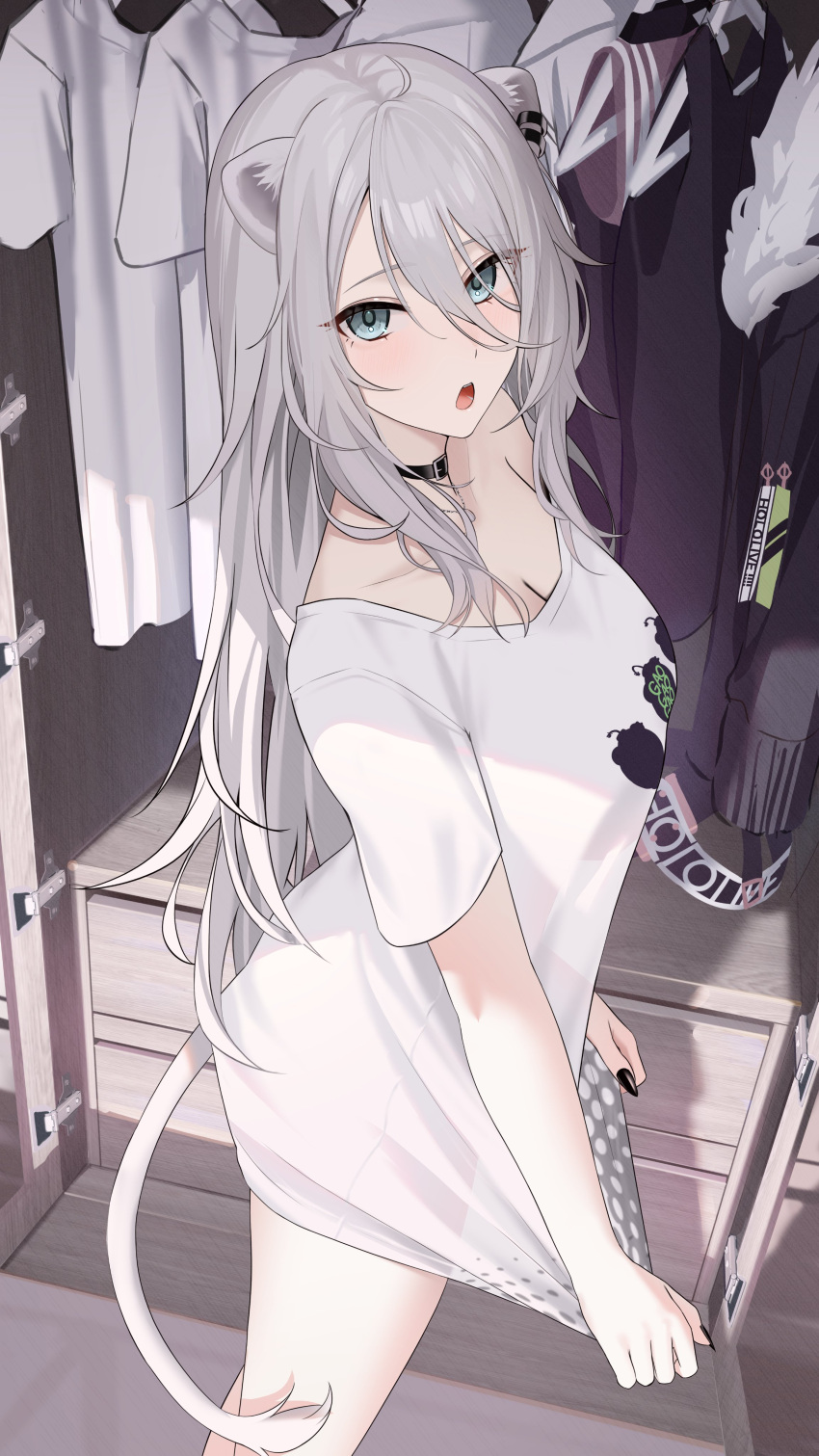 absurdres ahoge animal_ear_fluff animal_ear_piercing animal_ears black_collar black_nails breasts character_print cleavage closet collar grey_eyes grey_hair hair_between_eyes hashtag-only_commentary highres hololive indoors large_breasts lion_ears lion_tail long_hair long_hair_between_eyes looking_at_viewer messy_hair nail_polish naked_shirt no_panties official_alternate_costume official_alternate_hairstyle open_mouth print_shirt shirt shirt_hold shishiro_botan shishiro_botan_(casual) sidelocks single_bare_shoulder single_off_shoulder ssrb_(shishiro_botan) swept_bangs t-shirt tail virtual_youtuber wanne white_shirt