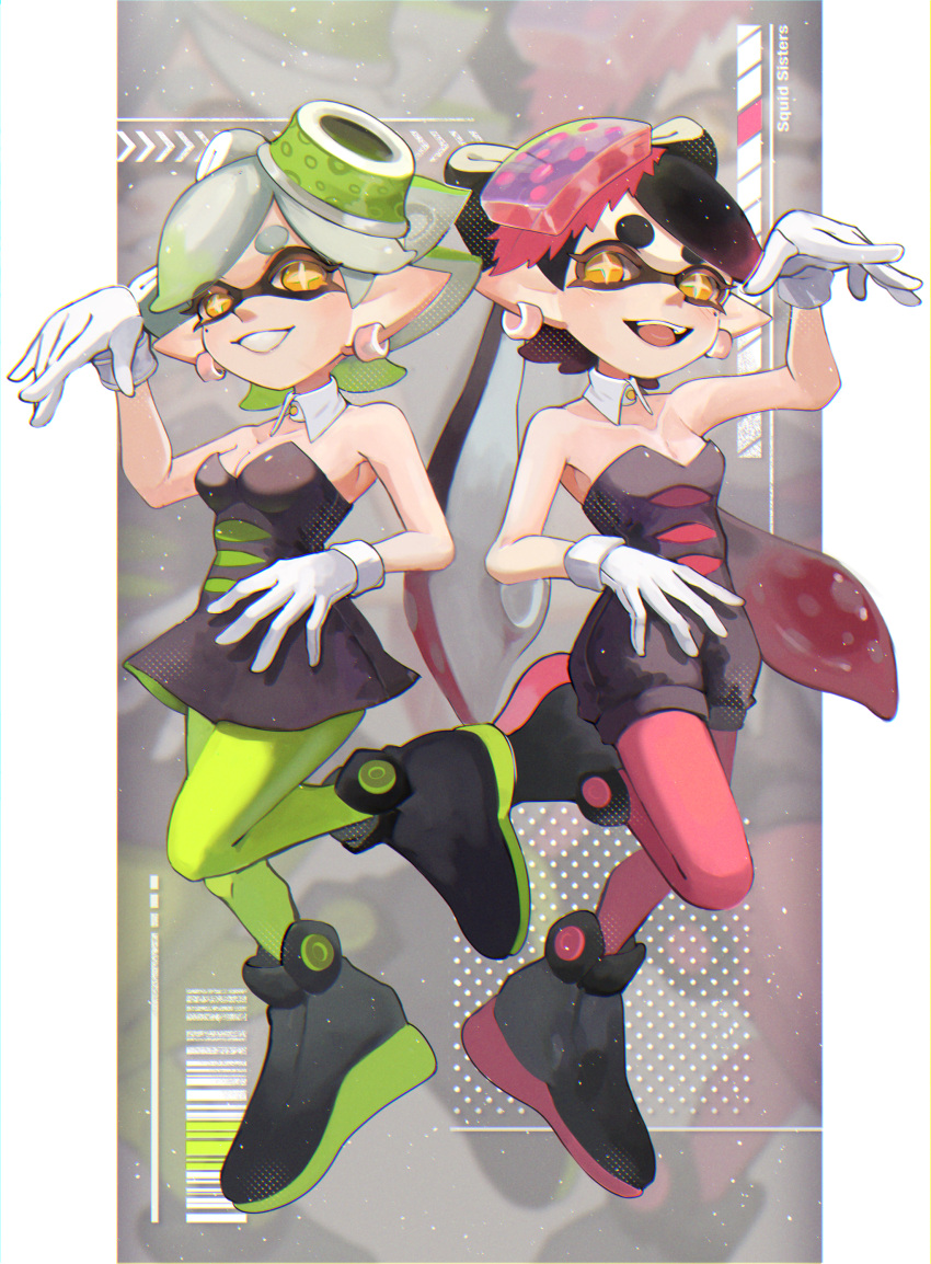 2girls :d absurdres ankle_boots arm_up bare_shoulders black_dress black_footwear black_hair black_jumpsuit boots bow-shaped_hair breasts bright_pupils callie_(splatoon) chromatic_aberration cleavage collar commentary_request cross-shaped_pupils detached_collar dress earrings full_body gloves gradient_hair green_hair green_pantyhose grey_hair grin highres inkling jewelry jumpsuit long_hair looking_at_viewer marie_(splatoon) mole mole_under_eye multicolored_hair multiple_girls oerba_yun_fang okaranko open_mouth orange_eyes pantyhose pillarboxed pink_hair pink_pantyhose pointy_ears short_hair short_jumpsuit smile splatoon_(series) standing standing_on_one_leg strapless strapless_dress swept_bangs symbol-shaped_pupils tentacle_hair thick_eyebrows twintails two-tone_hair white_collar white_gloves white_pupils