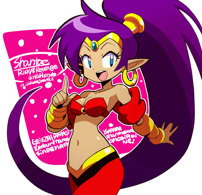 blue_eyes breasts dark-skinned_female dark_skin earrings female highres hoop_earrings jewelry long_hair looking_at_viewer medium_breasts midriff navel open_mouth pointy_ears ponytail purple_hair sakurajyousui_nami shantae shantae_(series) smile solo