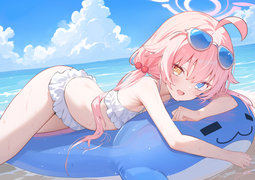 absurdres ahoge bare_arms bare_shoulders beach bikini blue-framed_eyewear blue_archive blue_eyes blue_sky blush cloud day eyewear_on_head female flat_chest frilled_bikini frills hair_bobbles hair_ornament halo heterochromia highres hoshino_(blue_archive) hoshino_(swimsuit)_(blue_archive) inflatable_toy inflatable_whale long_hair looking_at_viewer low_twintails lying ocean official_alternate_costume on_stomach open_mouth outdoors pink_hair pink_halo revision sky smile solo summer sunglasses swimsuit thighs twintails wet white_bikini yellow_eyes zuu_(qq770463651)