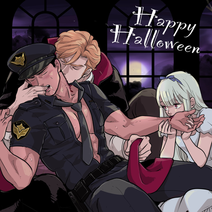 2boys ao_isami aya942841437606 bara bare_pectorals biting biting_arm biting_neck black_hair black_necktie blonde_hair blood blush cape closed_eyes commentary_request female finger_in_another's_mouth happy_halloween hat highres indoors lewis_smith long_hair lulu_(bang_bravern) multiple_boys muscular muscular_male necktie night night_sky official_alternate_costume open_clothes open_shirt pectorals police police_uniform red_eyes saliva_drip short_hair sideburns sky sweat two-sided_cape two-sided_fabric vampire window yaoi yuuki_bakuhatsu_bang_bravern