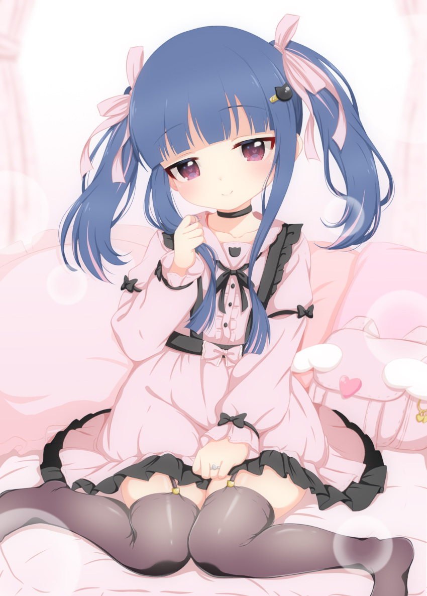 bag black_bow black_choker black_ribbon black_thighhighs blue_hair blunt_bangs blurry blurry_background bow cat_hair_ornament choker collarbone commentary_request curtains depth_of_field dress female garter_straps hair_ornament hair_ribbon hand_on_own_thigh heart heart_in_eye highres hosizora_mikoto idolmaster idolmaster_cinderella_girls jewelry jirai_kei knees_together_feet_apart long_hair long_sidelocks pillow pink_bow pink_dress pink_ribbon playing_with_own_hair purple_eyes ribbon ring sajo_yukimi sidelocks sitting smile solo symbol_in_eye thighhighs twintails wariza