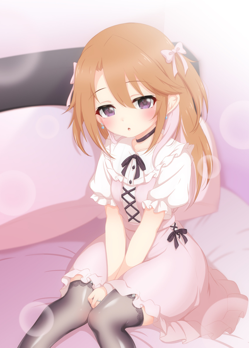 bed between_legs black_ribbon black_thighhighs bow choker commentary_request dress earrings feet_out_of_frame female hairbow hand_between_legs heart heart_earrings heart_in_eye highres hosizora_mikoto idolmaster idolmaster_cinderella_girls jewelry jirai_kei knees_together_feet_apart lace-trimmed_thighhighs lace_trim long_hair looking_at_viewer on_bed open_mouth orange_hair pillow pink_bow pink_dress purple_eyes ribbon ring short_sleeves sitting solo staring symbol_in_eye thighhighs two_side_up yuuki_haru