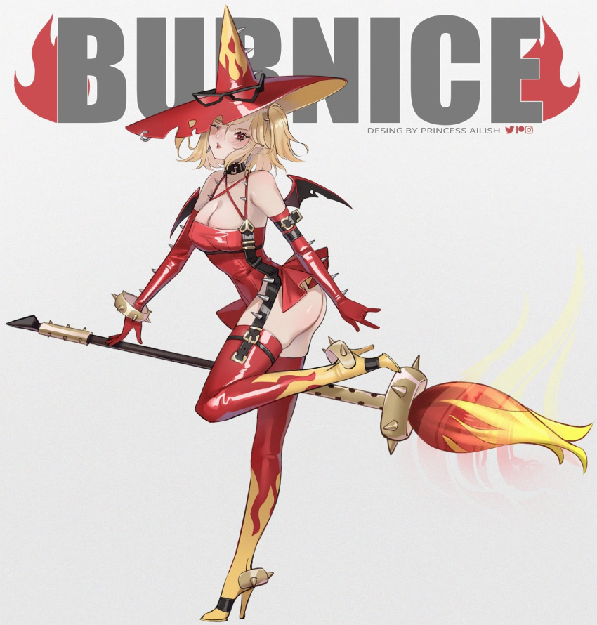 alternate_costume artist_name ass bare_shoulders blonde_hair breasts burnice_white character_name cleavage commentary demon_wings elbow_gloves english_commentary female from_side gloves hat high_heels highres instagram_logo large_breasts leotard lips looking_at_viewer looking_to_the_side one_eye_closed patreon_logo princess_ailish red_eyes red_gloves red_hat red_leotard red_thighhighs solo strapless strapless_leotard thighhighs twintails twitter_logo two-tone_hat typo wings witch_hat yellow_footwear yellow_hat zenless_zone_zero