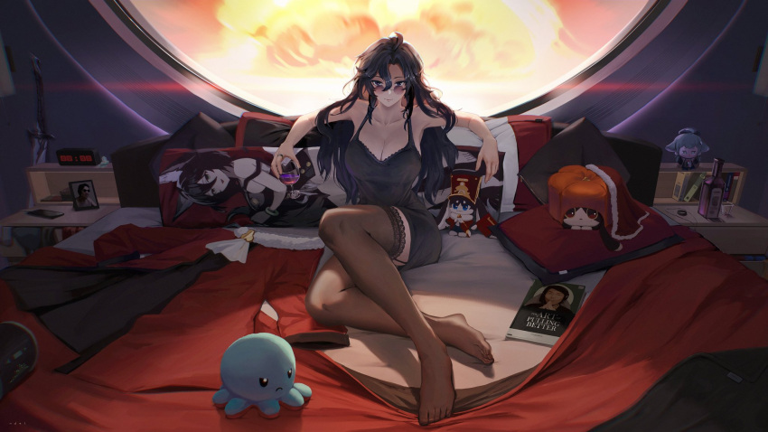 ahoge bed bed_sheet bedroom black_dress black_hair bloom body_pillow book bottle bra_strap breasts brown_thighhighs cabinet cellphone character_request charging_device cleavage clock closed_mouth collarbone commentary cup curtained_hair digital_clock drawer dress drinking_glass english_commentary female fur-trimmed_robe fur_trim garter_straps genderswap_(mtf) glasses hair_between_eyes highres holding holding_cup huge_breasts indoors jewelry knee_up lace-trimmed_thighhighs lace_trim lens_flare long_bangs looking_at_viewer mole mole_on_cheek mrpokke ndelsonnn necklace nightstand nuclear_explosion on_bed phone photo_(object) picture_frame pillow pom-pom_(honkai:_star_rail) purple_eyes rabbit real_life red_robe ring robe round_eyewear round_window rule_63 see-through_clothes see-through_thighhighs sitting sleeveless sleeveless_dress smartphone smile solo stuffed_animal stuffed_toy sunglasses sword thighhighs unworn_clothes unworn_jewelry unworn_necklace unworn_ring unworn_robe weapon window wine_glass