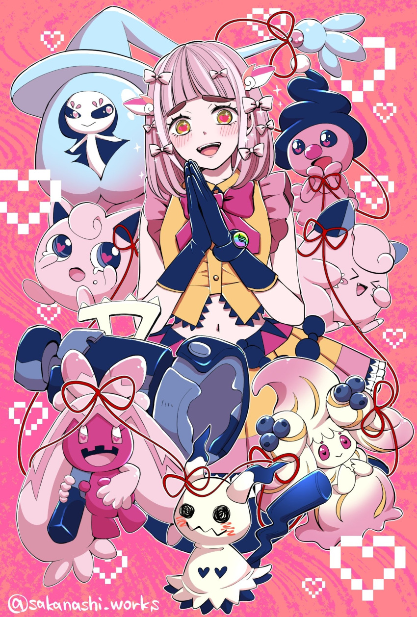 :d alcremie alternate_costume blush bow bowtie bracelet clefairy commentary_request eyelashes female gloves hairbow hands_up hatterene heart heart-shaped_pupils highres jewelry jigglypuff lacey_(pokemon) medium_hair mime_jr. mimikyu navel open_mouth own_hands_together pink_background pink_bow pink_hair pleated_skirt pokemon pokemon_(creature) pokemon_sv red_ribbon ribbon sakanashiworks shirt skirt smile sparkle sparkling_eyes symbol-shaped_pupils teeth tinkaton tongue upper_teeth_only