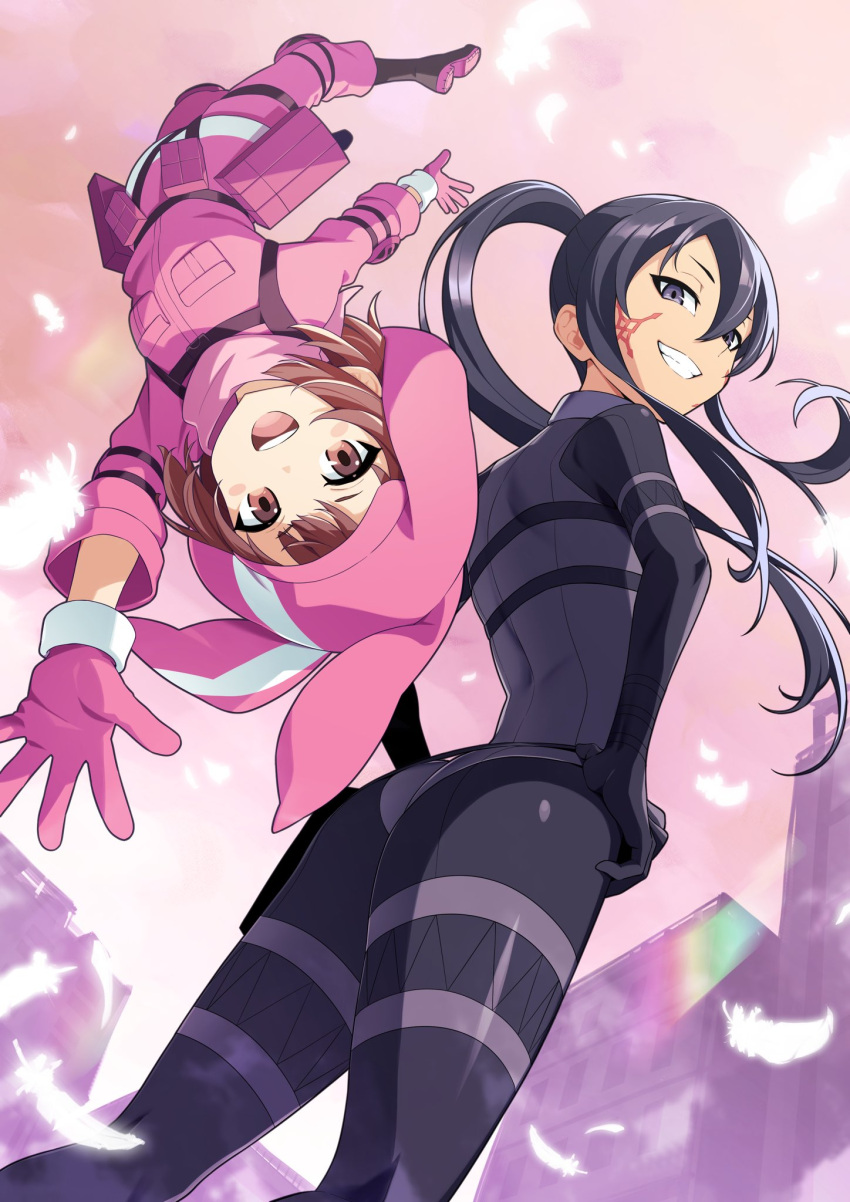 2girls ass black_bodysuit black_eyes black_hair bodysuit brown_eyes brown_hair feathers hat high_ponytail highres jacket llenn_(sao) long_hair multiple_girls pants pink_hat pink_jacket pink_pants pitohui_(sao) short_hair smile sword_art_online sword_art_online_alternative:_gun_gale_online tochi_keisuke upside-down white_feathers