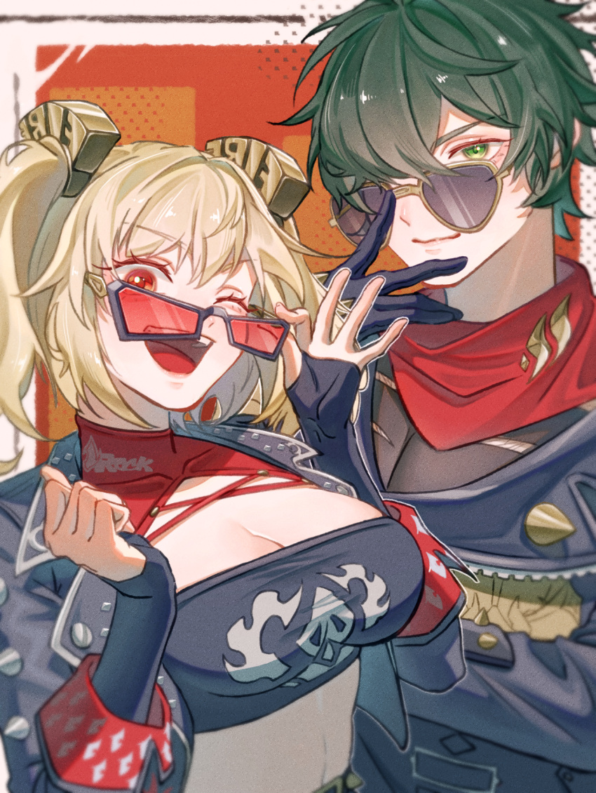 1boy adjusting_eyewear biker_clothes black_gloves blonde_hair breasts burnice_white cleavage female gloves green_eyes green_hair highres jacket kizumi_(kizumi_tbdi1011) lighter_(zenless_zone_zero) looking_at_viewer looking_over_eyewear one_eye_closed open_mouth red-tinted_eyewear red_eyes short_hair short_twintails smile sunglasses tinted_eyewear twintails upper_body zenless_zone_zero