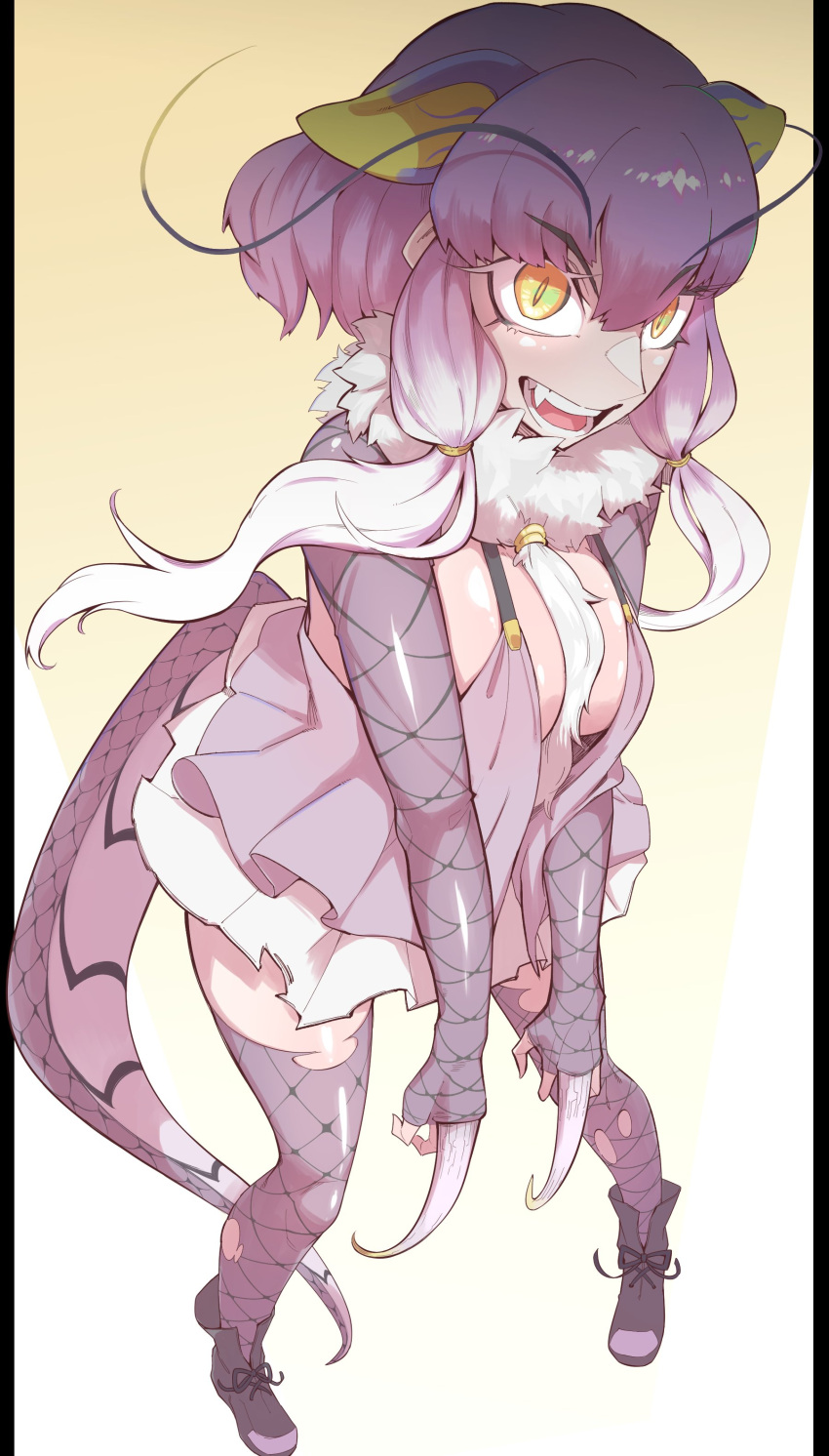 absurdres animal_ears brown_background claws dragon_girl dragon_tail extra_ears female full_body gm_(ggommu) highres jacket kemono_friends long_hair looking_at_viewer multicolored_hair purple_hair rairyu_(kemono_friends) scarf shoes simple_background skirt solo tail thighhighs twintails two-tone_hair white_hair yellow_eyes