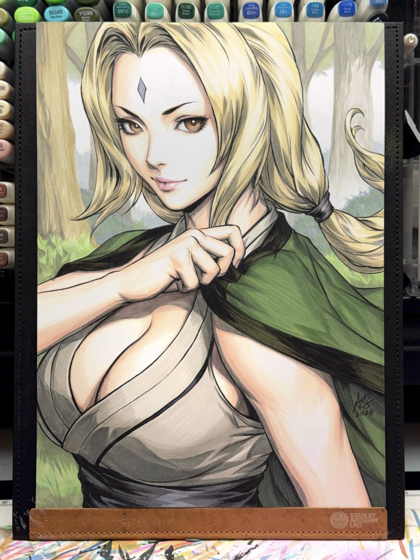 art_tools_in_frame blonde_hair breasts brown_eyes bush cleavage eyelashes facial_mark female forehead_mark highres japanese_clothes large_breasts low_twintails naruto_(series) solo stanley_lau traditional_media tree tsunade_(naruto) twintails upper_body