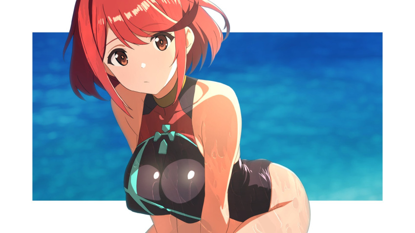 ahonoko bare_shoulders black_one-piece_swimsuit blue_background border breasts closed_mouth commentary core_crystal_(xenoblade) female highres large_breasts leaning_forward looking_at_viewer one-piece_swimsuit outside_border pyra_(pro_swimmer)_(xenoblade) pyra_(xenoblade) red_eyes red_hair red_one-piece_swimsuit short_hair sidelocks solo swept_bangs swimsuit two-tone_one-piece_swimsuit white_border xenoblade_chronicles_(series) xenoblade_chronicles_2