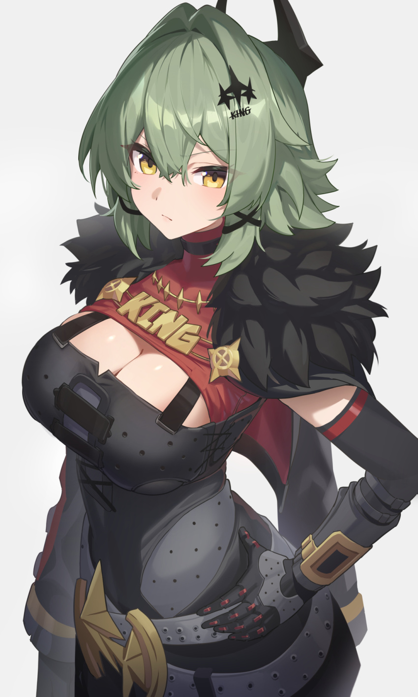 black_horns black_jacket breasts caesar_king_(zenless_zone_zero) cleavage closed_mouth female from_above fur-trimmed_jacket fur_trim green_hair hair_between_eyes hair_intakes hair_ornament hand_on_own_hip highres horns jacket large_breasts long_hair looking_at_viewer mechanical_arms prosthesis prosthetic_arm reulem single_mechanical_arm solo yellow_eyes zenless_zone_zero