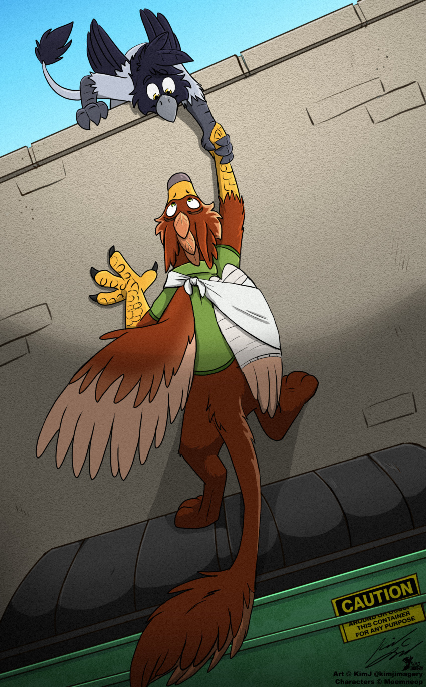 4_fingers 4_toes accipitrid accipitriform ambiguous_gender anthro arm_tuft avian beak bird black_claws bottomwear broken_wing brown_body brown_feathers cast cheek_tuft claws clothing digitigrade dumpster duo eagle facial_tuft feathered_crest feathered_ears feathered_tail feathered_wings feathers feet fingers fur golden_eagle green_clothing green_eyes grey_beak gryphon head_crest helping hi_res kjbat leg_tuft multicolored_beak mythological_avian mythological_creature mythology nonbinary_(lore) outside pavlos_andriades paws scuted_arms scuted_hands scutes shorts skraww_(moemneop) sling_(medicine) tail tail_tuft talons tan_body tan_feathers toes topwear true_eagle tuft two_tone_beak wings wrist_tuft yellow_beak