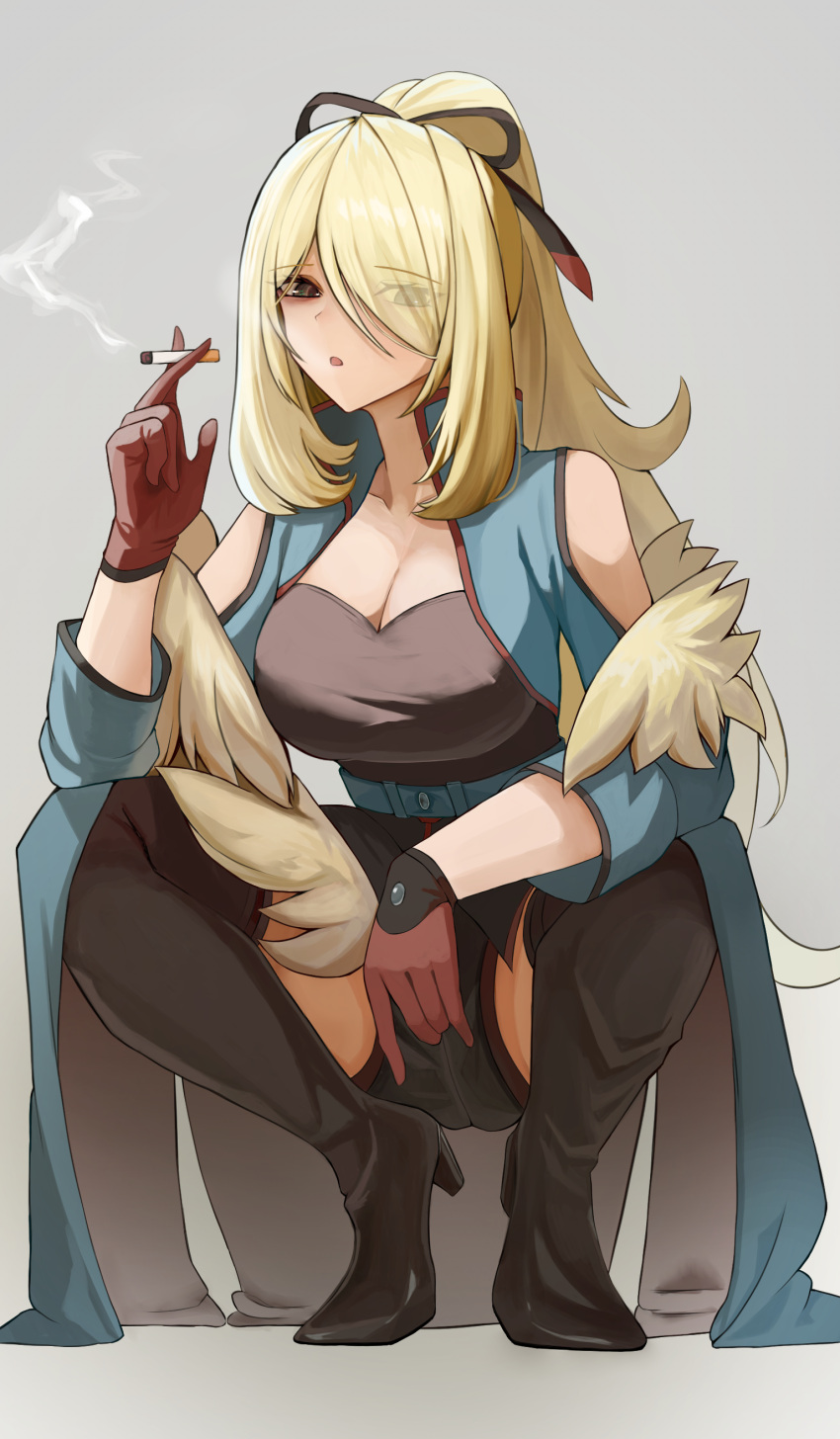 :o absurdres blonde_hair blue_coat boots breasts cigarette cleavage coat commentary_request cynthia_(pokemon) cynthia_(sygna_suit)_(aura)_(pokemon) female full_body gloves grey_background hair_over_one_eye hand_up highres holding holding_cigarette long_hair looking_at_viewer official_alternate_costume open_clothes open_coat open_mouth pokemon pokemon_masters_ex red_gloves sevenninet47503 shorts sleeveless sleeveless_coat smoking solo spread_legs squatting thigh_boots