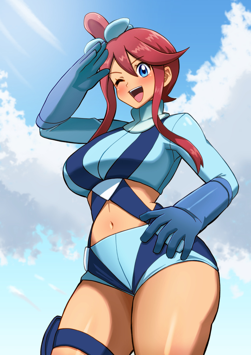 :d absurdres arm_up blue_eyes blue_gloves blue_jacket blue_shorts blush breasts cloud commentary_request day female gloves hair_between_eyes hair_ornament hand_on_own_hip highres jacket looking_down midriff navel one_side_up open_mouth outdoors pokemon pokemon_bw pouch red_hair shiya_moegin shorts sidelocks sky skyla_(pokemon) smile solo swept_bangs teeth thigh_pouch thighs tongue upper_teeth_only