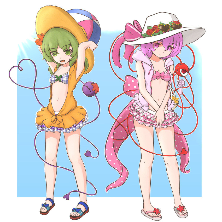 absurdres alternate_costume ball beachball bikini breasts commentary commission english_commentary frilled_bikini frills full_body green_eyes green_hair hat heart heart-shaped_eyewear heart_of_string highres kokowoch komeiji_koishi komeiji_koishi_(the_excited_eyes_of_love) komeiji_satori komeiji_satori_(the_girl_even_the_beachgoers_fear) looking_at_viewer navel pink_bikini pink_eyes pink_hair sandals siblings sisters small_breasts standing sunglasses swimsuit third_eye touhou touhou_lostword white_hat yellow_hat