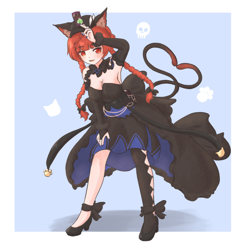 alternate_costume animal_ears asymmetrical_legwear black_dress black_hat blue_background braid breasts cat_ears cat_girl cleavage commentary commission dress english_commentary female hat heart heart_tail highres kaenbyou_rin kaenbyou_rin_(pikara_flame) kokowoch long_hair medium_breasts multiple_tails red_hair side_braid simple_background skull solo strapless strapless_dress tail touhou touhou_lostword twin_braids two_tails