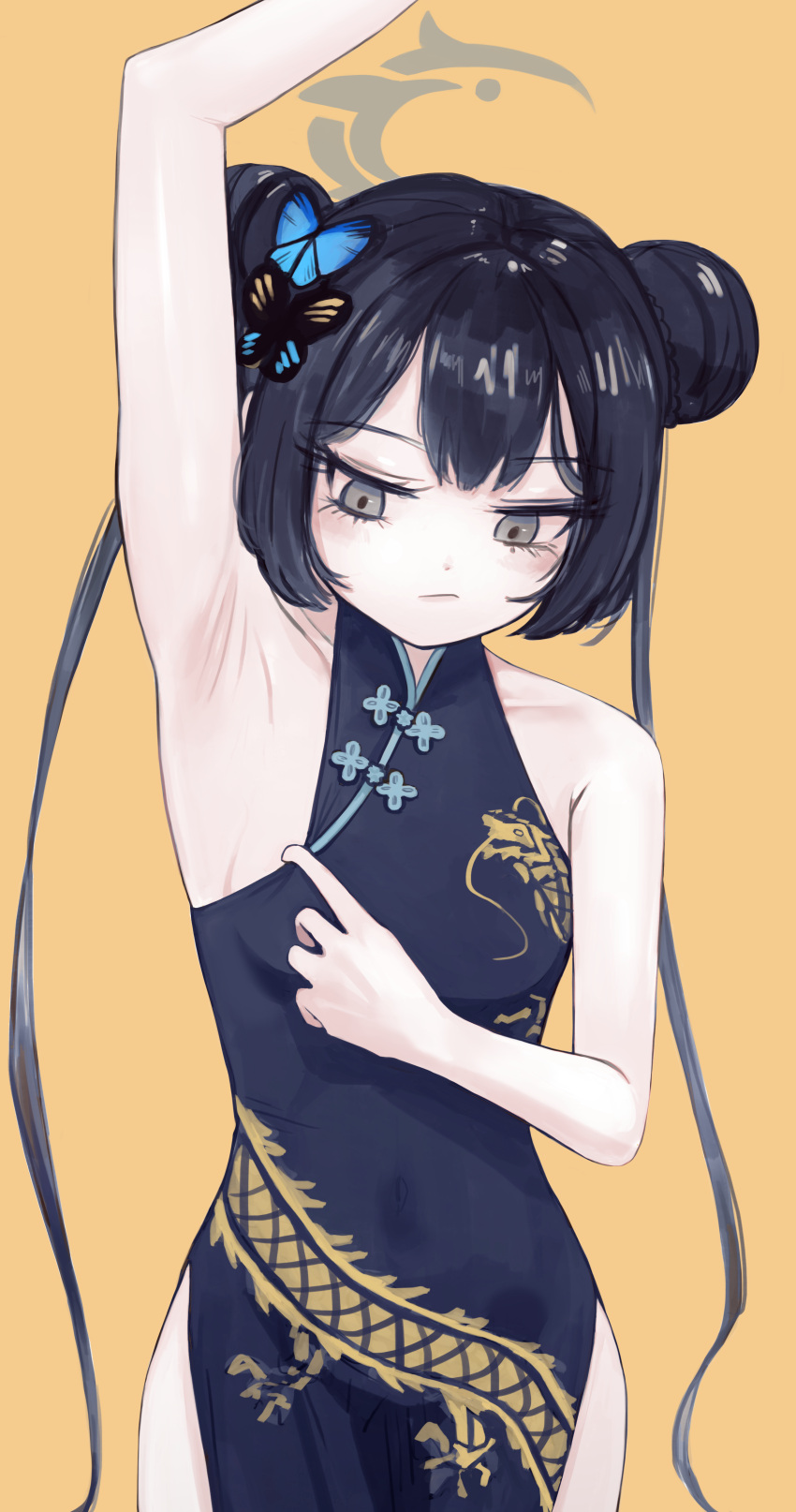 absurdres arm_up armpits black_dress black_hair blue_archive breasts butterfly_hair_ornament china_dress chinese_clothes collarbone double_bun dragon_print dress female hair_bun hair_ornament halo highres kisaki_(blue_archive) long_hair presenting_armpit sideboob sleeveless small_breasts solo twintails very_long_hair whidlam