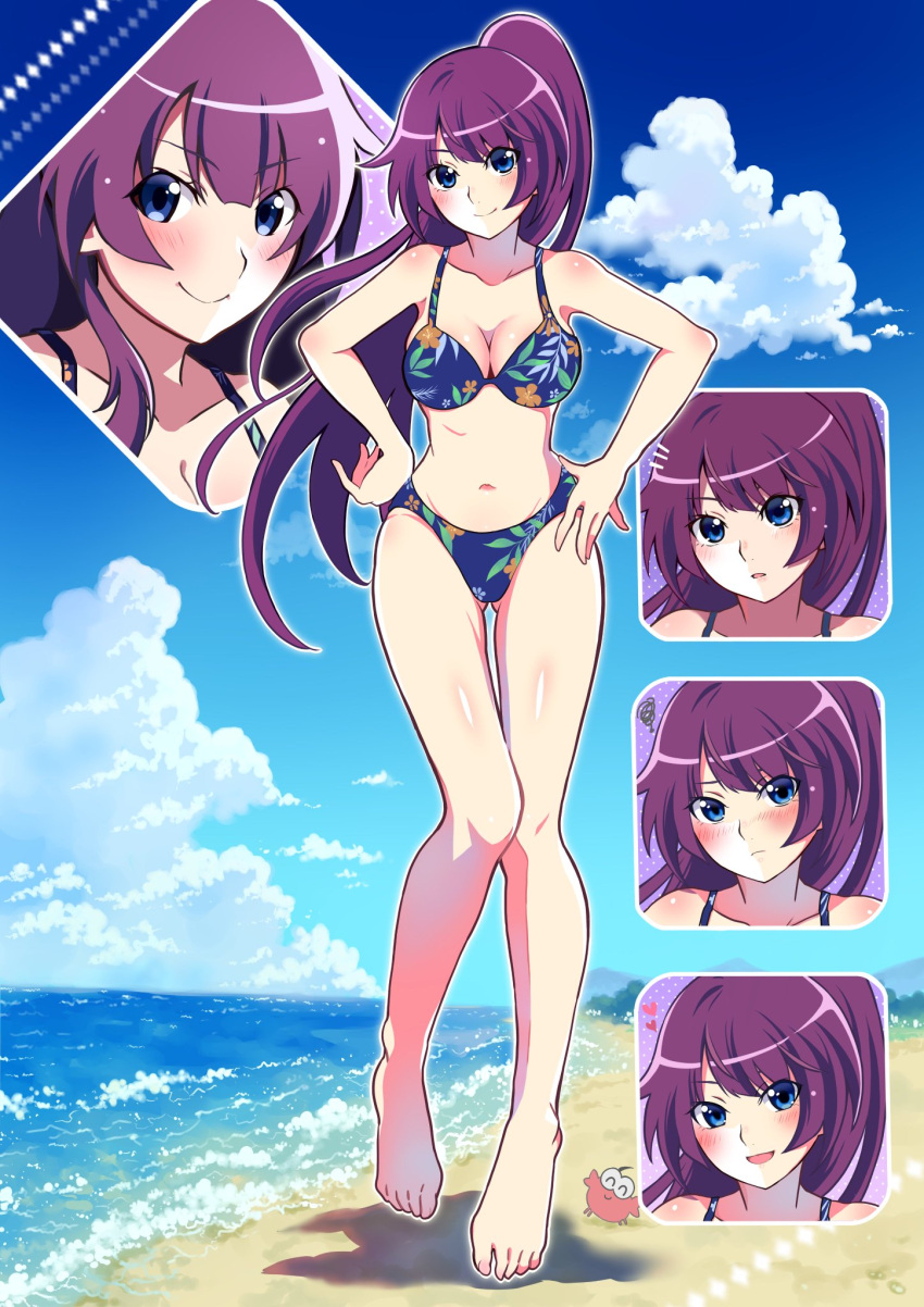 barefoot beach bikini blue_bikini blue_eyes blue_sky blush breasts closed_mouth collarbone crab day female floral_print full_body hands_on_own_hips highres knees_together_feet_apart large_breasts legs long_hair looking_at_viewer mashimaro_tabetai monogatari_(series) monogatari_series_puc_puc multiple_views navel ocean official_alternate_costume open_mouth outdoors ponytail print_bikini purple_hair reference_sheet senjougahara_hitagi shadow sky smile stomach swimsuit toenails toes very_long_hair