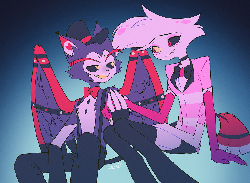 angel_dust anthro arachnid arthropod clothed clothing cute_fangs demon domestic_cat duo enaic31 feathered_wings feathers felid feline felis hand_holding hat hazbin_hotel headgear headwear hi_res husk_(hazbin_hotel) male mammal spider suspenders wings