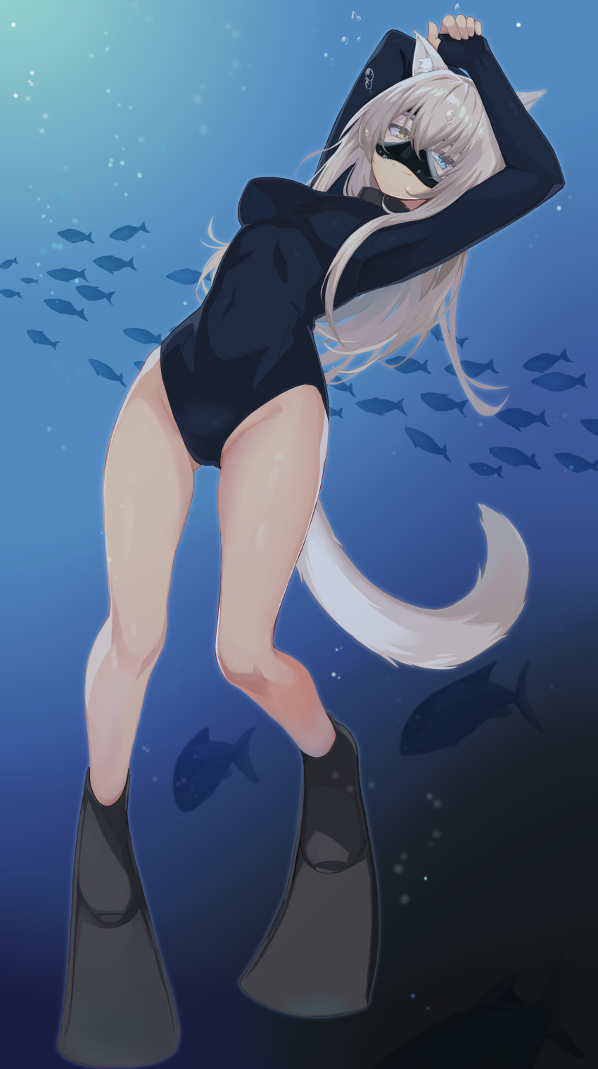 absurdres animal_ears arms_up blue_eyes breasts bubble commentary covered_navel diving_mask female fish flippers full_body goggles heterochromia highleg_springsuit highres idashige_(walkietalkie) light_smile long_hair long_sleeves medium_breasts one-piece_swimsuit original solo springsuit swimsuit tail underwater white_hair wolf_ears wolf_tail yellow_eyes