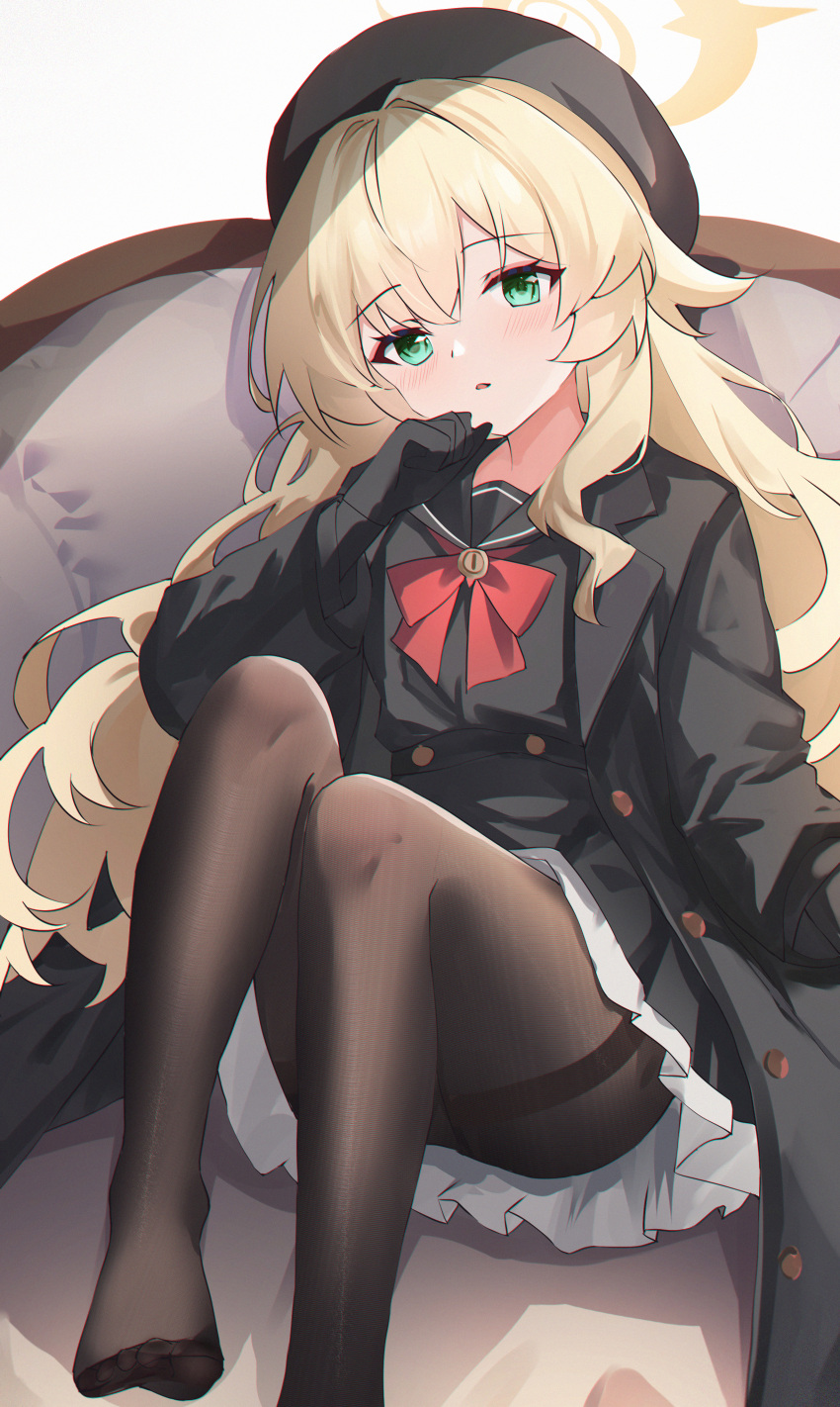 absurdres black_coat black_gloves black_hat black_pantyhose black_sailor_collar black_serafuku blonde_hair blue_archive blush bow bowtie coat female fluffy_hair gloves green_eyes halo hat highres knees_up long_hair long_sleeves looking_at_viewer no_shoes open_clothes open_coat pantyhose professor_niyaniya_(blue_archive) red_bow red_bowtie sailor_collar school_uniform serafuku simple_background sitting solo thighband_pantyhose usagi_(786113654) white_background yellow_halo