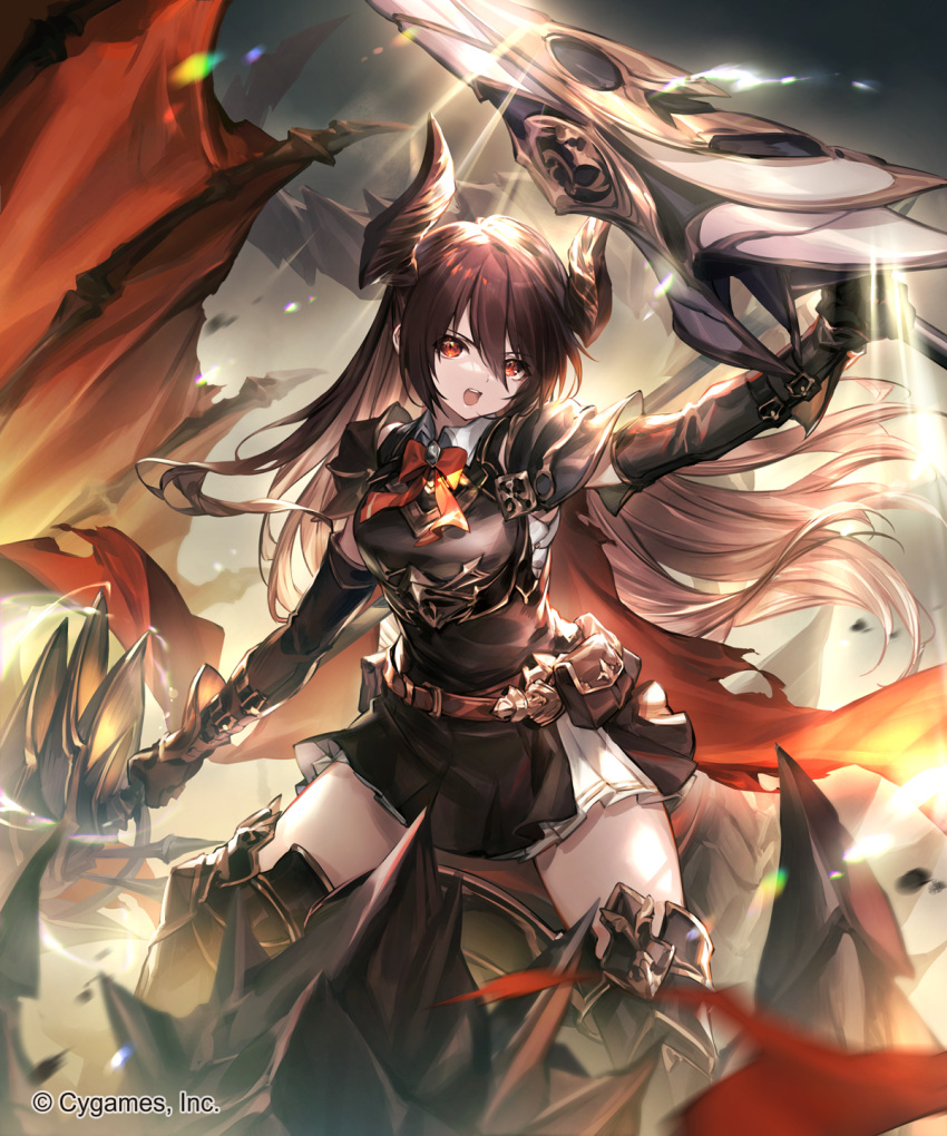 1other armor armored_boots armored_dress belt belt_buckle belt_pouch black_armor black_dress black_horns black_sleeves boots breasts brown_gloves brown_hair buckle cape cloud cloudy_sky commentary_request company_name cowboy_shot curvy day detached_sleeves dragon dragon_girl dragon_horns dress dual_wielding female forte_(shingeki_no_bahamut) gloves hair_between_eyes highres holding holding_polearm holding_weapon horns large_breasts lee_hyeseung light_rays long_hair looking_at_viewer miniskirt official_art open_mouth outdoors pleated_skirt polearm pouch red_cape red_eyes red_ribbon ribbon riding shadowverse short_dress shoulder_armor sitting skirt sky solo_focus straight_hair teeth thigh_boots thighs upper_teeth_only weapon white_skirt wing_collar