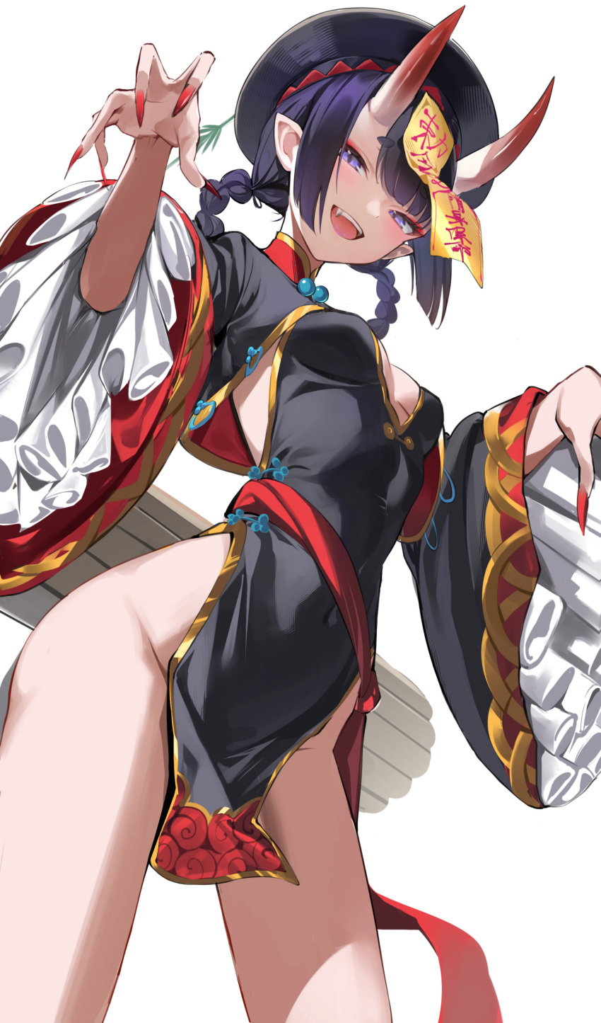 absurdres black_dress black_hat blush braid breasts china_dress chinese_clothes cleavage_cutout clothing_cutout dress eyeliner fate/grand_order fate_(series) female frills hair_rings hat highres horns jiangshi long_sleeves looking_at_viewer makeup ofuda oni open_mouth peacock_feathers pelvic_curtain pointy_ears purple_eyes purple_hair qingdai_guanmao short_hair shuten_douji_(fate) shuten_douji_(festival_outfit)_(fate) skin-covered_horns small_breasts smile solo spider_apple talisman thighs twin_braids wide_sleeves