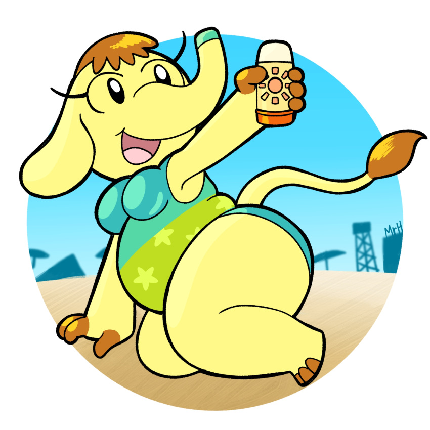 animal_crossing ass belly breasts brown_hair clothed clothing el_senor_erizo elephant elephantid eloise_(animal_crossing) eyelashes female hair hi_res looking_back mammal nintendo open_mouth proboscidean slightly_chubby smile solo sunscreen swimwear thick_thighs yellow_body