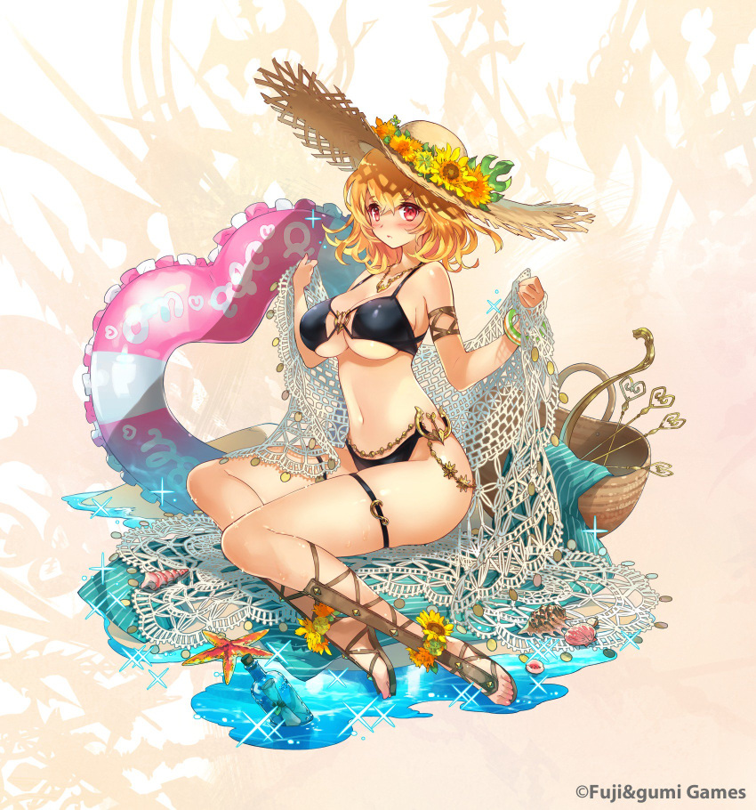 ankle_lace-up arrow_(projectile) basket belly_chain bikini black_bikini blonde_hair blush bottle breasts cleavage company_name cross-laced_footwear da-kuro eros_(phantom_of_the_kill) female flower hat heart-shaped_innertube highres innertube jewelry large_breasts looking_at_viewer necklace net official_alternate_costume official_art phantom_of_the_kill pink_innertube red_eyes sand sandals seashell second-party_source shawl shell shiny_skin short_hair simple_background skindentation solo starfish straw_hat swim_ring swimsuit two-tone_innertube water weapon_background white_innertube