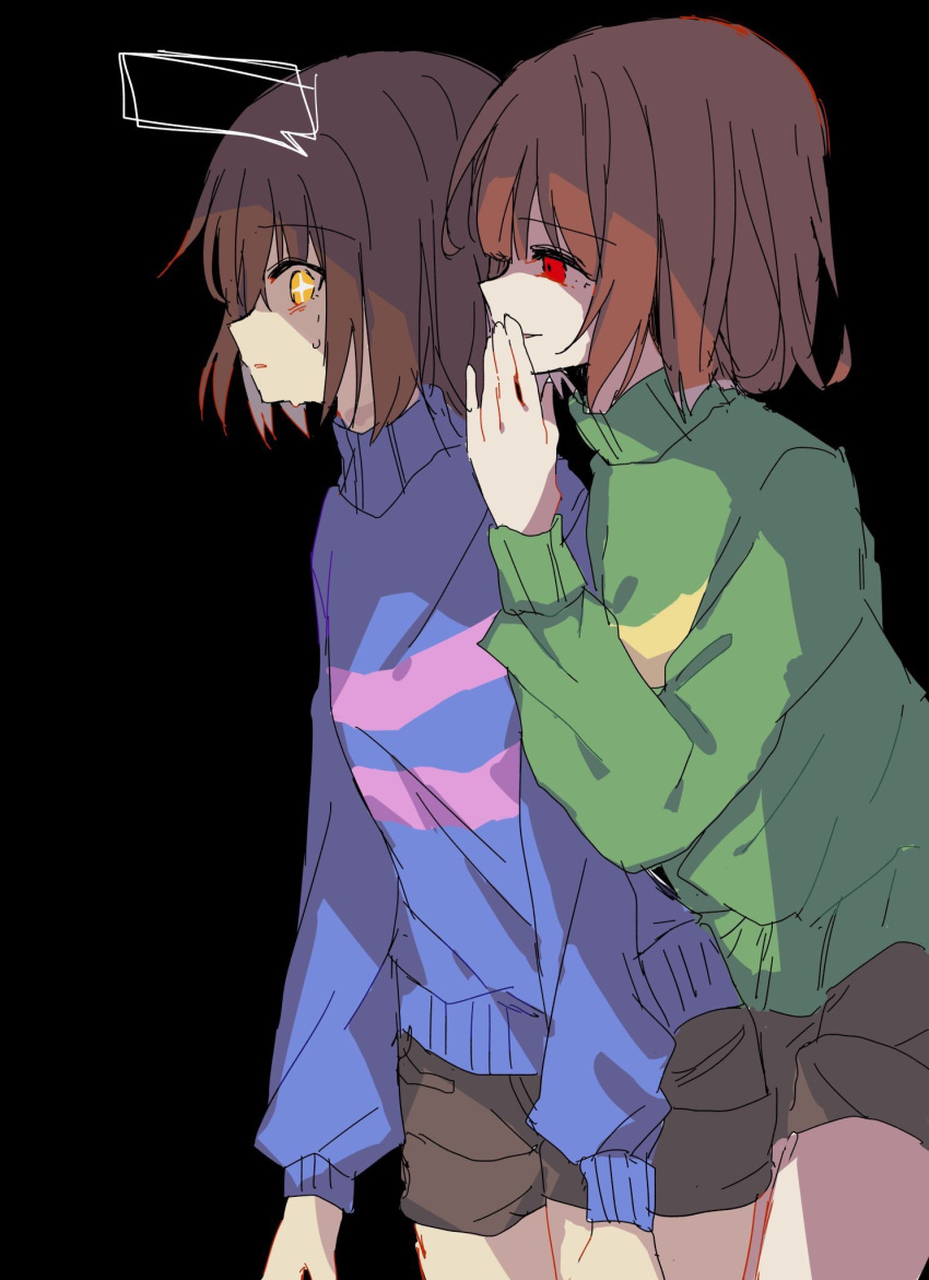 2others androgynous blank_speech_bubble blue_sweater brown_shorts chara_(undertale) frisk_(undertale) green_sweater highres multiple_others red_eyes scared shirt shorts sparkling_eyes speech_bubble striped_clothes striped_shirt striped_sweater sweat sweater two-tone_sweater undertale unusually_open_eyes whispering yellow_eyes yuri_(miiiiikun0515)