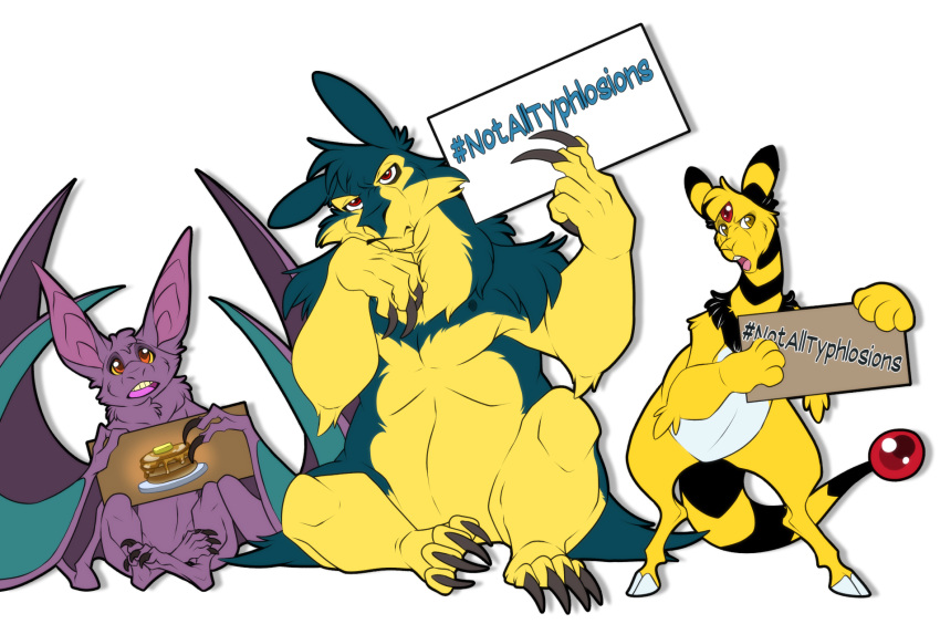 2024 2024_pokemon_gigaleak 4_fingers 4_toes alpha_channel ampharos arm_tuft bent_arm bent_legs black_stripes blue_wings blueharuka brown_claws cheek_tuft claws cloven_hooves coby_(blueharuka) crobat dazzle_(blueharuka) digital_drawing_(artwork) digital_media_(artwork) dundee_(blueharuka) elbow_tuft facial_tuft fan_character feet feral finger_claws fingers flat_colors food forehead_gem fur gem generation_2_pokemon green_body green_fur group hi_res holding_object holding_sign hooves larger_feral larger_male long_tail looking_at_viewer male male_feral mammal markings membrane_(anatomy) membranous_wings multicolored_body multicolored_fur nintendo open_mouth orange_eyes pancake pink_tongue pokemon pokemon_(species) purple_body purple_fur purple_tongue red_eyes rubbing_head sign simple_background sitting size_difference smaller_feral smaller_male standing striped_markings striped_neck striped_tail stripes tail tail_markings tail_orb text toe_claws toes tongue transparent_background trio tuft two_tone_body two_tone_fur typhlosion white_body white_fur wings yellow_body yellow_eyes yellow_fur yellow_sclera yellow_tail