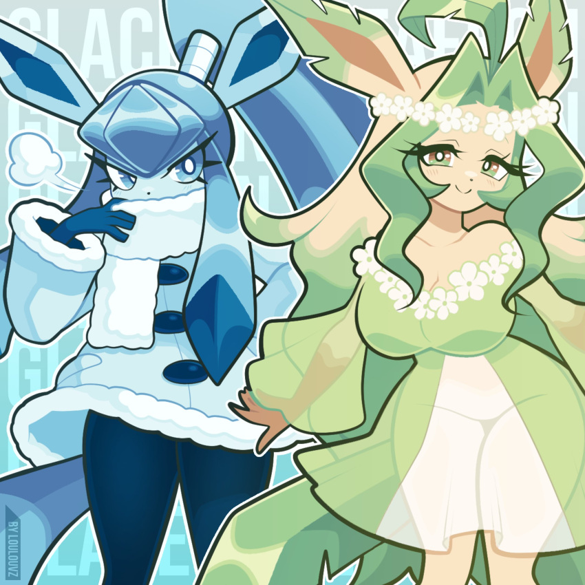 2girls blonde_hair blue_eyes blue_hair breasts brown_eyes coat dress flower furry furry_female glaceon green_eyes green_hair highres leafeon long_hair loulou_vz multicolored_hair multiple_girls pokemon pokemon_(creature) ponytail scarf see-through_clothes sidelocks smile tail two-tone_eyes two-tone_hair