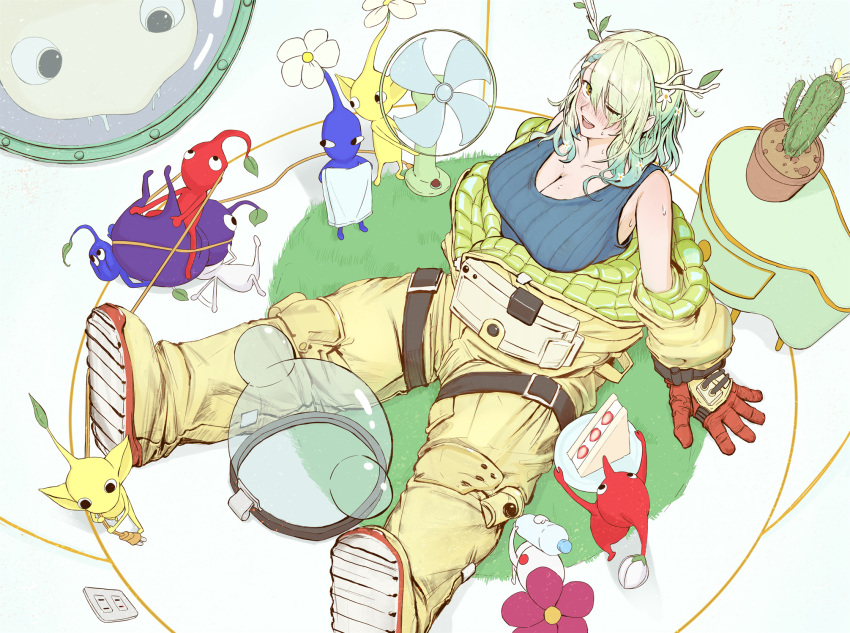 antlers arm_rest blue_pikmin bottle bulborb cactus cake cake_slice ceres_fauna cosplay electric_fan electrical_outlet entangled exhausted female fishbowl_helmet food green_hair highres hololive hololive_english horns long_hair olimar olimar_(cosplay) partially_undressed pikmin_(series) purple_pikmin red_pikmin siobell spacesuit sweat virtual_youtuber water_bottle white_pikmin yellow_eyes yellow_pikmin