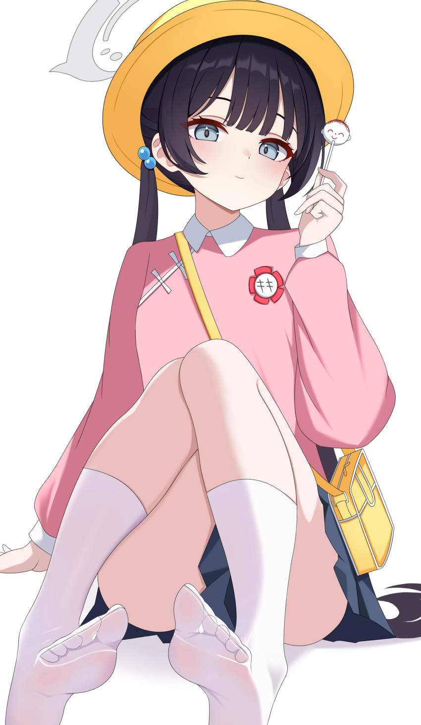 absurdres blue_archive blue_skirt blush female flower_pin grey_eyes grey_halo halo hat highres holding kenomotsu_yukuwa kindergarten_uniform kisaki_(blue_archive) kisaki_(kindergarten_uniform)_(blue_archive) knees_up looking_at_viewer low_twintails name_tag pink_shirt school_hat shirt simple_background sitting skirt smile socks solo toes twintails white_background white_socks yellow_bag yellow_hat