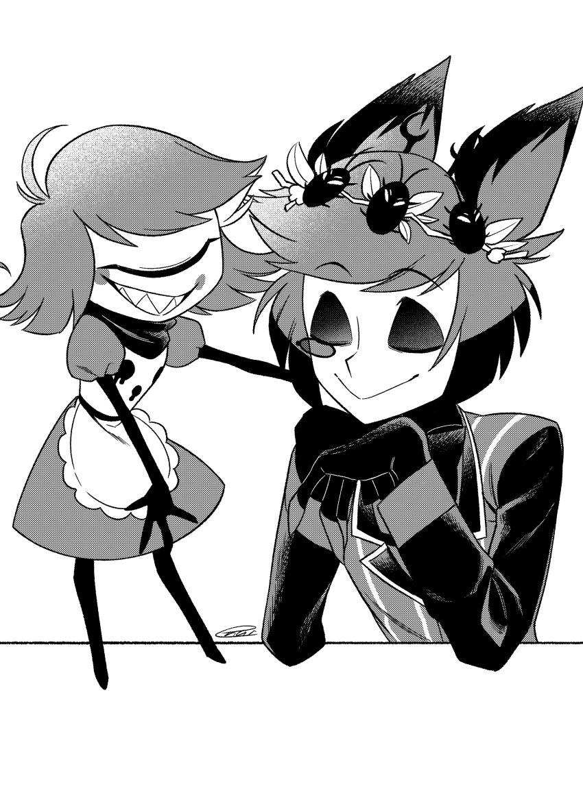 1_eye absurd_res alastor_(hazbin_hotel) animal_humanoid antlers closed_eyes clothed clothing cyclops deer deer_humanoid demon demon_humanoid duo enaic31 female hazbin_hotel hi_res horn humanoid male mammal mammal_humanoid monochrome niffty_(hazbin_hotel) simple_background white_background