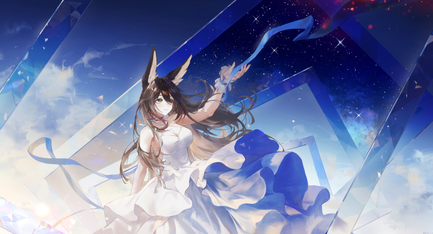 absurdres alternate_costume animal_ears arm_up breasts cleavage dress female floating_hair fox_ears fox_girl fugue_(honkai:_star_rail) hair_between_eyes highres honkai:_star_rail honkai_(series) long_hair scrunchie sky sleeveless sleeveless_dress smile solo star_(sky) starry_sky swkl:d tingyun_(honkai:_star_rail) white_dress wrist_scrunchie