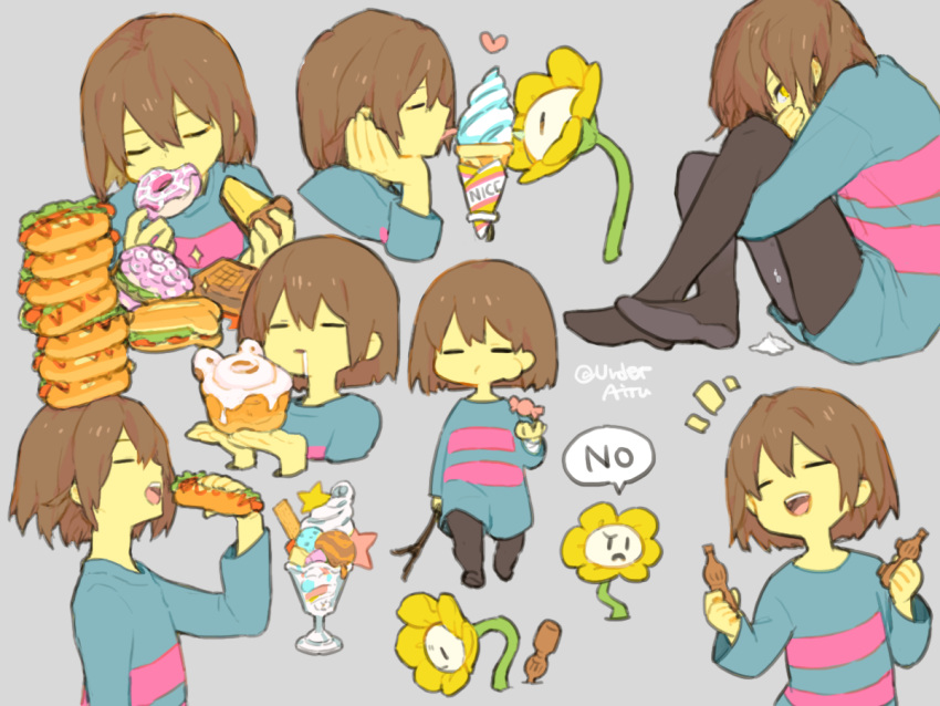 1other androgynous blue_sweater brown_hair candy cinnamon_roll colored_skin dessert doughnut drooling eating flower flowey_(undertale) food frisk_(undertale) heart hot_dog ice_cream long_sleeves open_mouth shirt speech_bubble stick striped_clothes striped_shirt striped_sweater sundae sweater tongue tongue_out tou_ilie twitter_username undertale unusually_open_eyes yellow_eyes yellow_flower yellow_skin