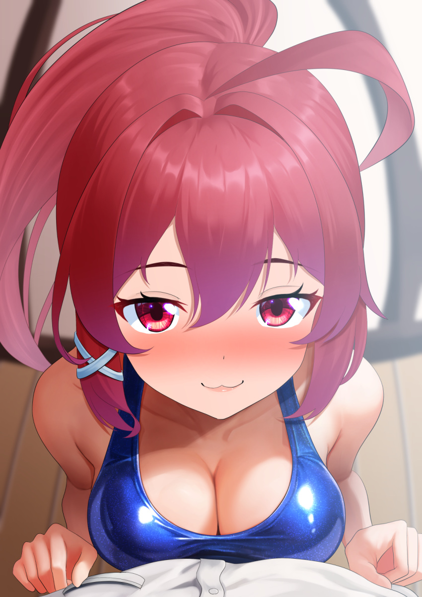 1boy ahoge blue_one-piece_swimsuit blush breasts dorachan_r female from_above hair_ribbon highres i-168_(kancolle) kantai_collection large_breasts long_hair nose_blush one-piece_swimsuit ponytail pov red_eyes red_hair ribbon school_swimsuit short_sleeves smile solo_focus swimsuit