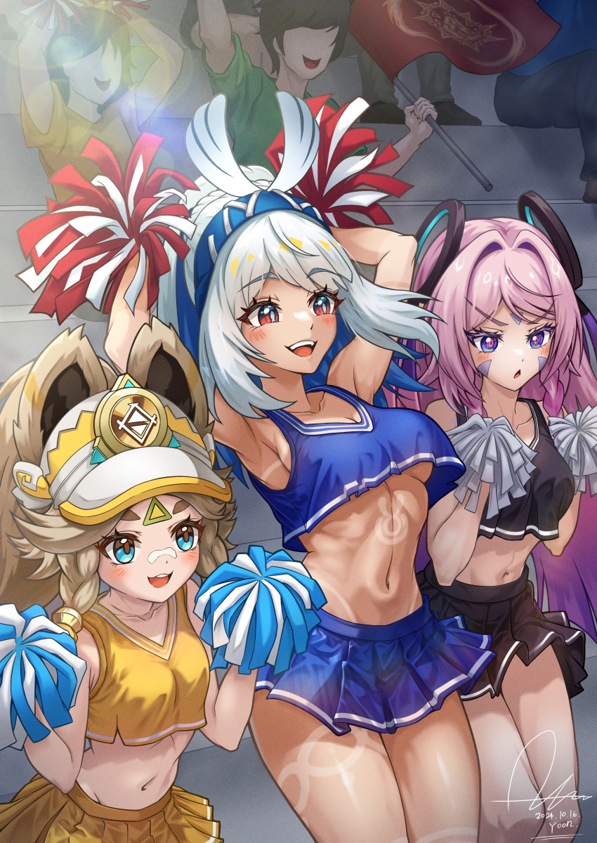 absurdres animal_ears audience black_skirt blonde_hair blue_eyes blue_headband blue_skirt body_markings braid breasts cheering cheerleader citlali_(genshin_impact) commentary_request crop_top dasoin dated facial_mark fish-shaped_pupils forehead_mark genshin_impact gradient_hair hair_ornament headband highres holding holding_pom_poms kachina_(genshin_impact) long_hair low_twin_braids medium_breasts midriff miniskirt mualani_(genshin_impact) multicolored_hair navel open_mouth pink_hair pom_pom_(cheerleading) ponytail purple_hair red_eyes signature skirt small_breasts smile symbol-shaped_pupils tan twin_braids underboob visor_cap yellow_skirt