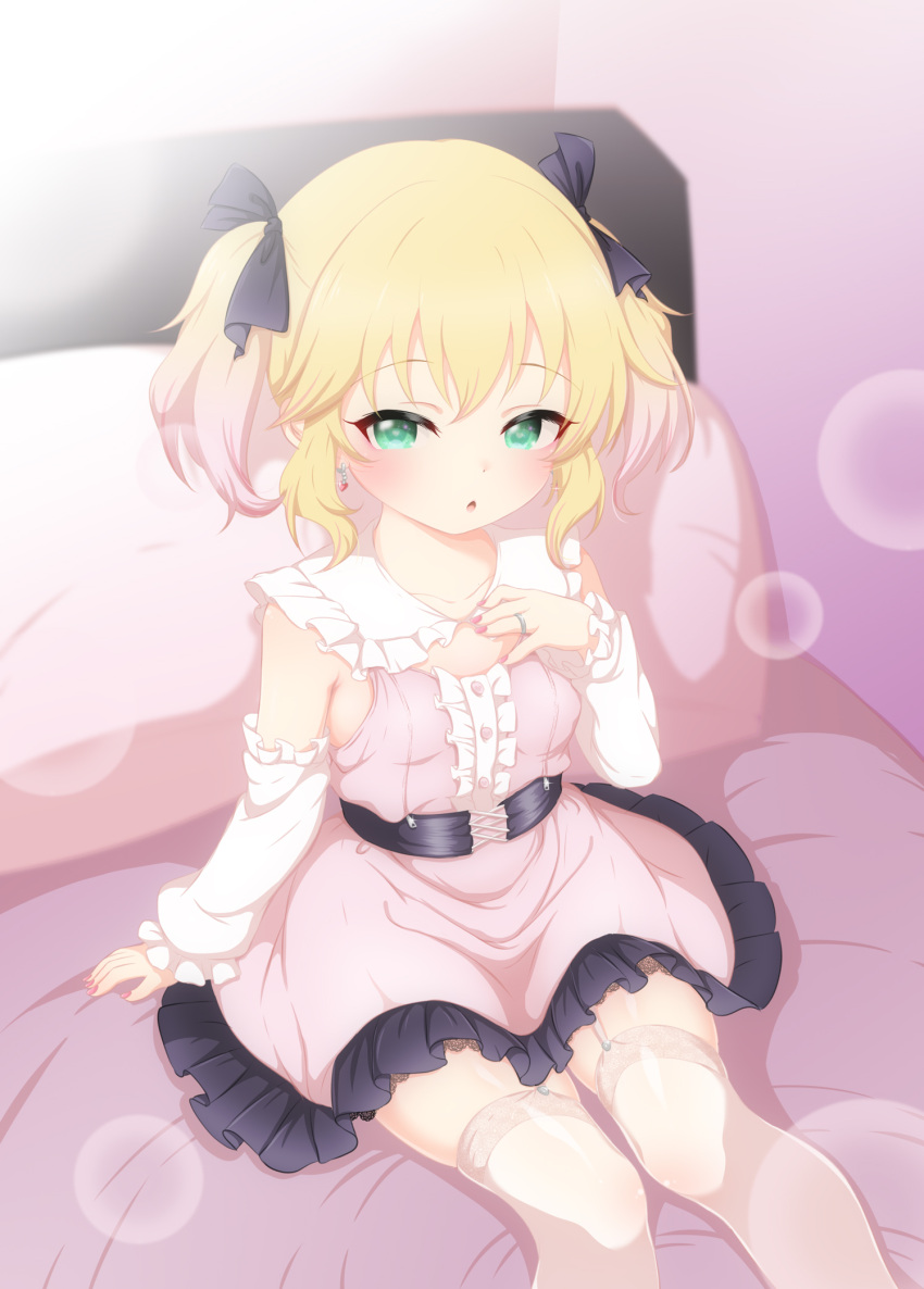 aqua_eyes bed belt black_belt black_bow blonde_hair bow breasts chestnut_mouth collarbone commentary_request detached_sleeves dress earrings female fingernails frilled_dress frills garter_straps hairbow hand_on_bed hand_on_own_chest heart heart_earrings heart_in_eye highres hosizora_mikoto idolmaster idolmaster_cinderella_girls jewelry jirai_kei lace-trimmed_dress lace-trimmed_thighhighs lace_trim looking_at_viewer nail_polish on_bed open_mouth pillow pink_dress pink_nails ring sakurai_momoka sidelocks sitting small_breasts solo staring symbol_in_eye thighhighs twintails white_thighhighs