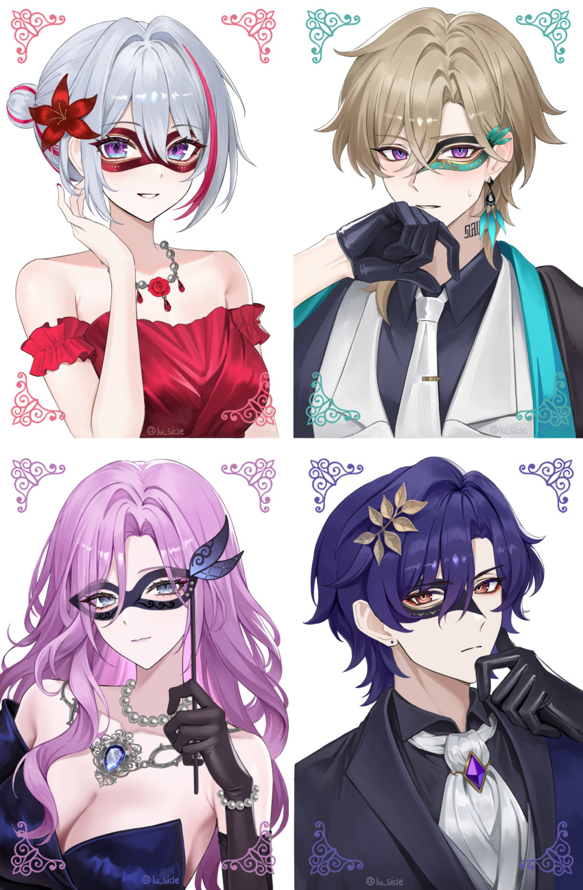 2boys 2girls alternate_costume aventurine_(honkai:_star_rail) bare_shoulders bead_bracelet bead_necklace beads black_gloves black_shirt blonde_hair blue_dress blue_eyes blue_hair bracelet breasts dr._ratio_(honkai:_star_rail) dress elbow_gloves eye_mask gloves grey_hair hair_intakes hand_up highres honkai:_star_rail honkai_(series) jade_(honkai:_star_rail) jewelry medium_breasts multicolored_hair multiple_boys multiple_girls necklace off-shoulder_dress off_shoulder purple_eyes purple_hair red_dress red_hair shirt short_hair sicle strapless strapless_dress streaked_hair topaz_(honkai:_star_rail)