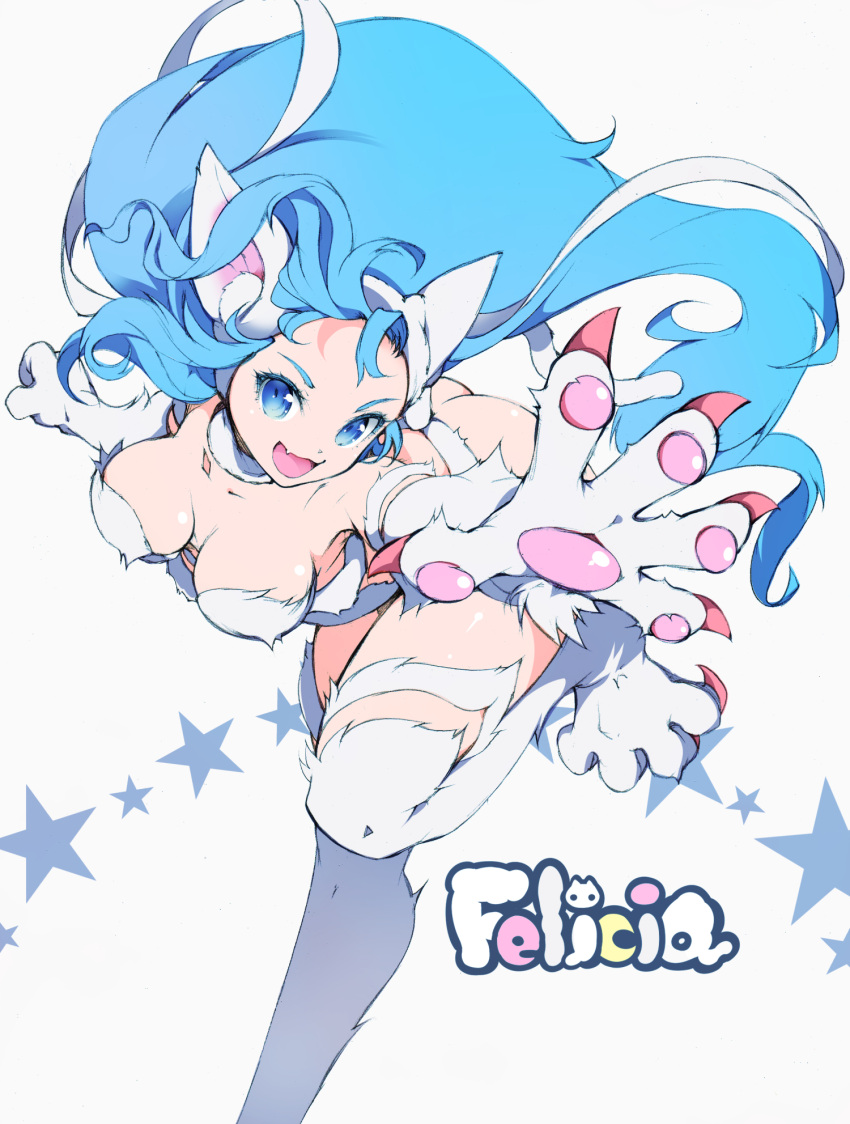 animal_ears blue_eyes blue_hair breasts cat_ears cat_girl cat_tail character_name darkstalkers felicia_(darkstalkers) female highres ichizen_(o_tori) long_hair looking_at_viewer solo tail white_fur