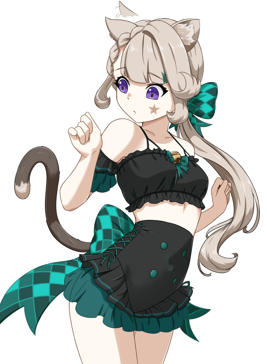 absurdres alternate_costume animal_ear_fluff animal_ears bare_shoulders black_shorts borrowed_design bow camisole cat_ears cat_tail checkered_bow checkered_clothes cowboy_shot crop_top detached_sleeves facial_mark female genshin_impact green_bow grey_hair hairbow high-waist_shorts highres long_hair low_ponytail lynette_(genshin_impact) midriff purple_eyes short_shorts short_sleeves shorts simple_background solo spaghetti_strap standing star_(symbol) tail thighs very_long_hair white_background zancrowkami