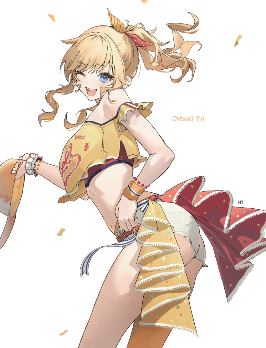 ass bare_shoulders blonde_hair blue_eyes blush breasts female hair_ribbon hat highres holding holding_hat holding_unworn_clothes hy_(hem_oo) idolmaster idolmaster_cinderella_girls long_hair looking_at_viewer medium_breasts midriff navel ohtsuki_yui one_eye_closed open_mouth orange_wristband ponytail ribbon shirt shorts smile solo thighs wavy_hair white_shorts yellow_shirt